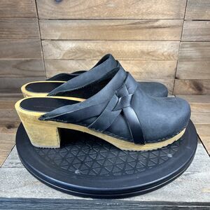 Sanita Women's Size 7.5 Clogs Manuella Wooden Oiled Leather Black Slip On Shoes
